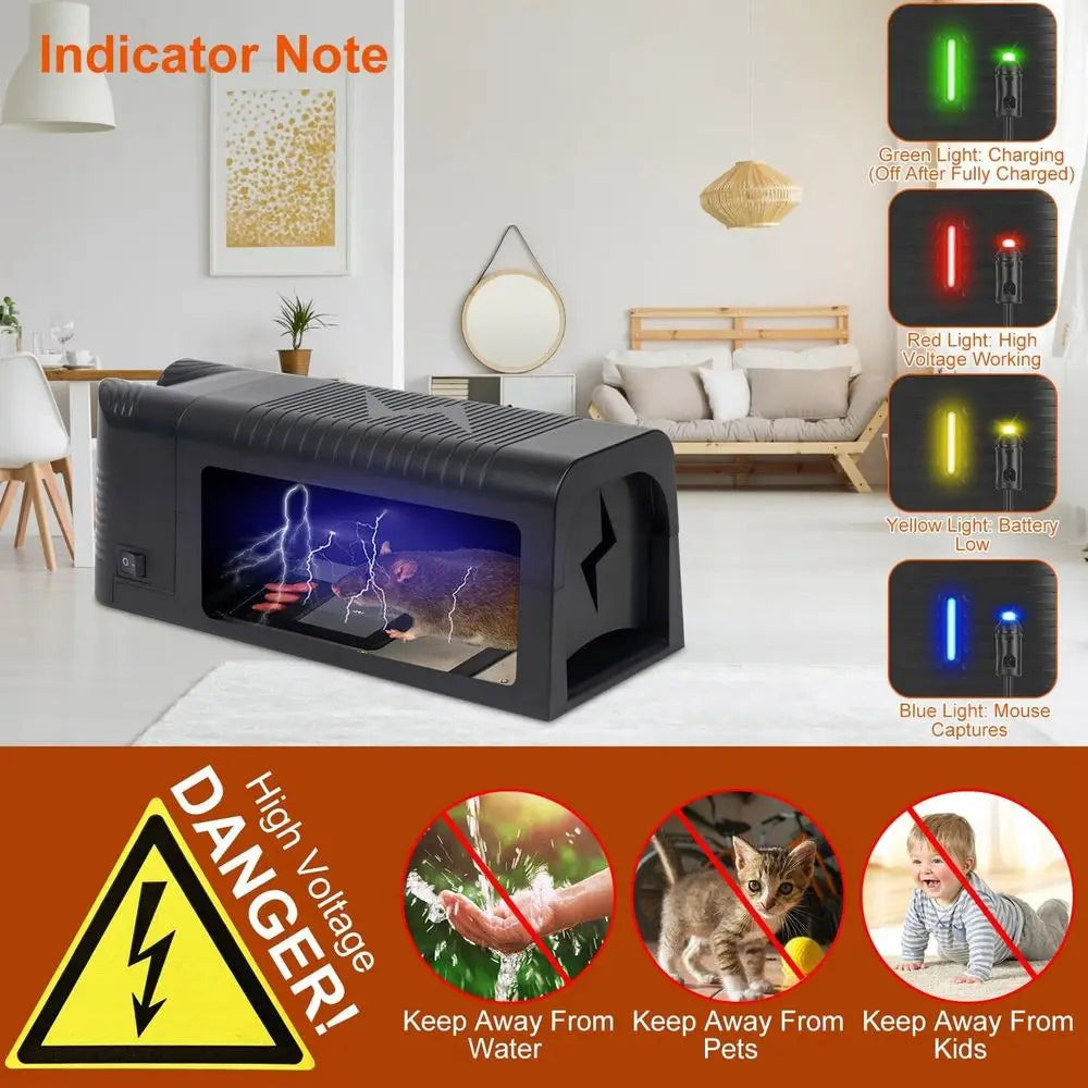 Humane Indoor Electric Mouse Trap - 1800V Shock, Reusable, Pet Safe, No Touch Kill Rodent Zapper