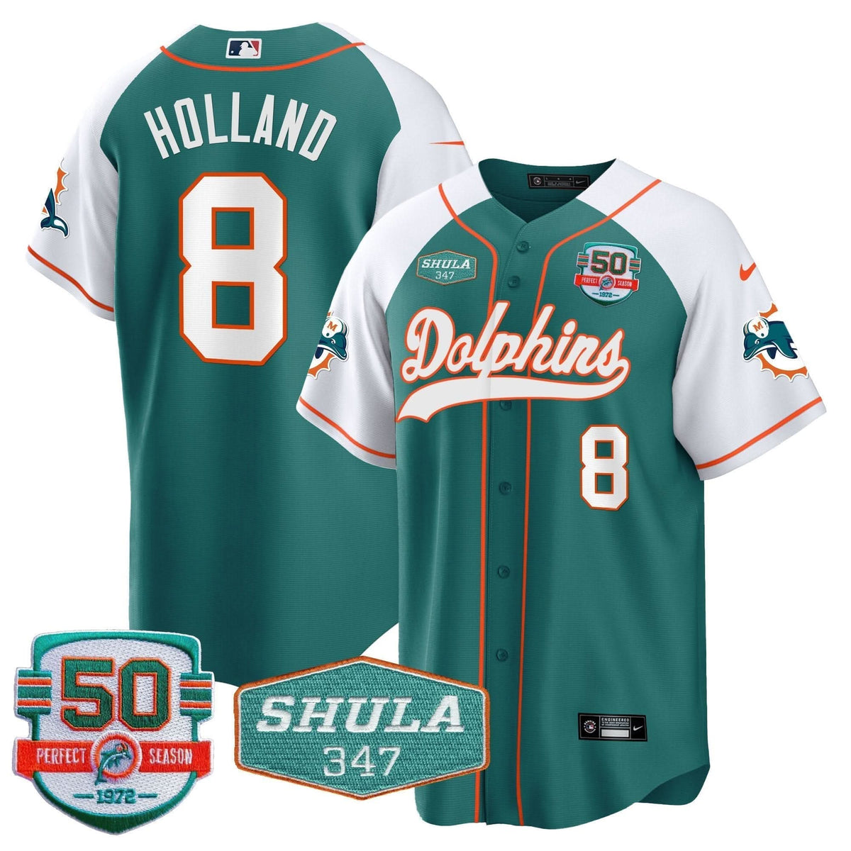 Dolphins 50th & Don Shula 347 Memorial Patch Baseball Jersey - All Stitched