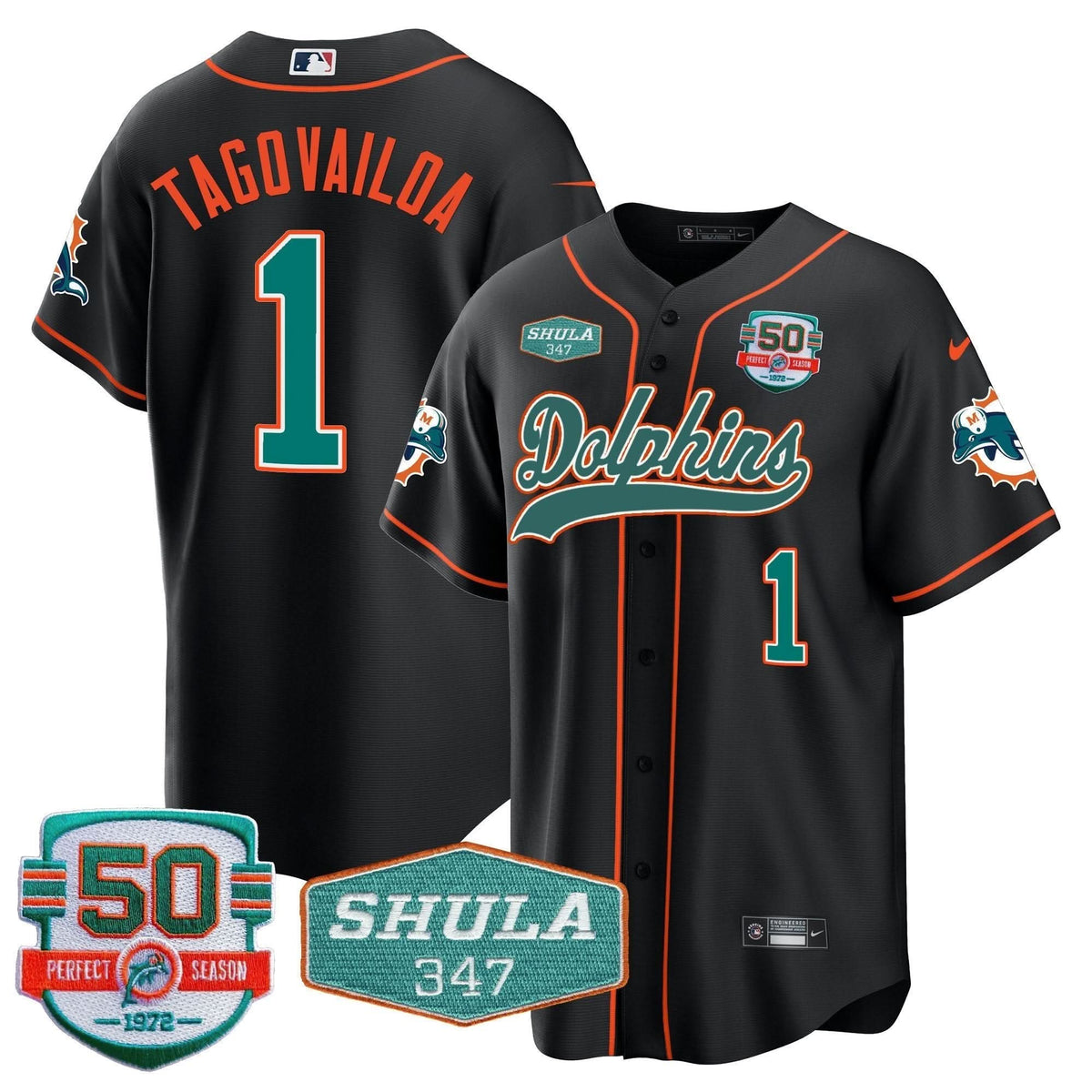 Dolphins 50th & Don Shula 347 Memorial Patch Baseball Jersey - All Stitched