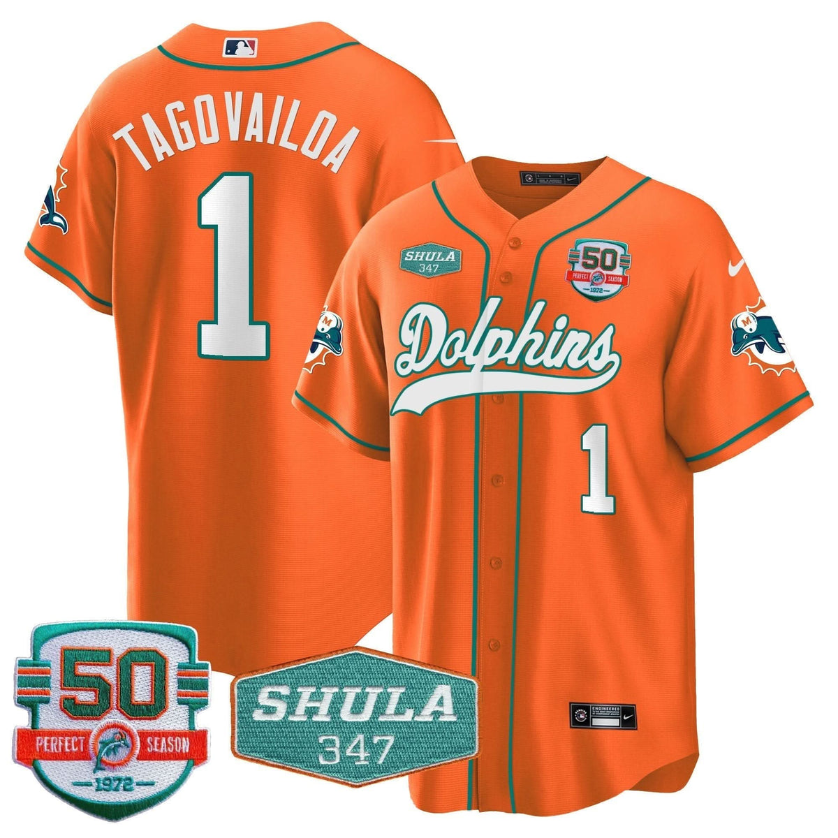 Dolphins 50th & Don Shula 347 Memorial Patch Baseball Jersey - All Stitched
